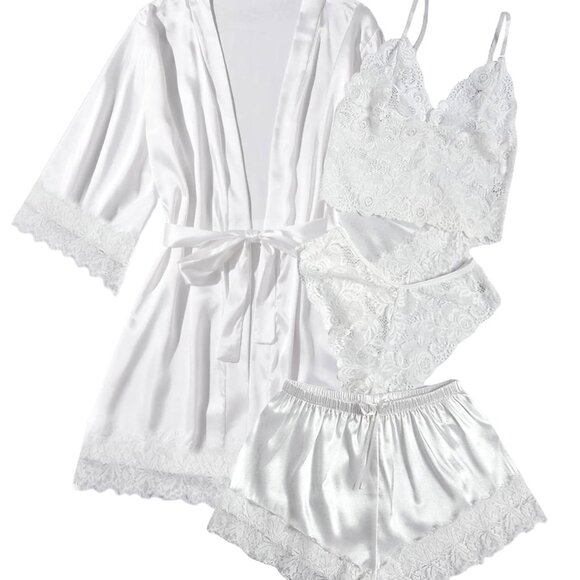 Silk Satin Pajama Set 4pc Lace Cami Robe Sleepwear Lounge